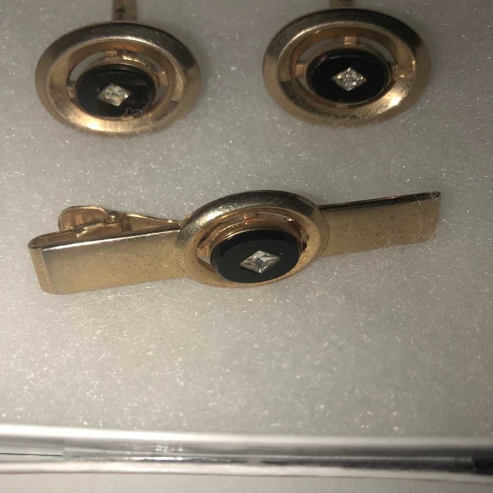 Diamond Cufflinks/ Tie Bar Vintage Genuine Diamond Onyx